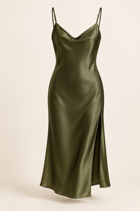 Olive Silk Midi, Deep Olive, front view