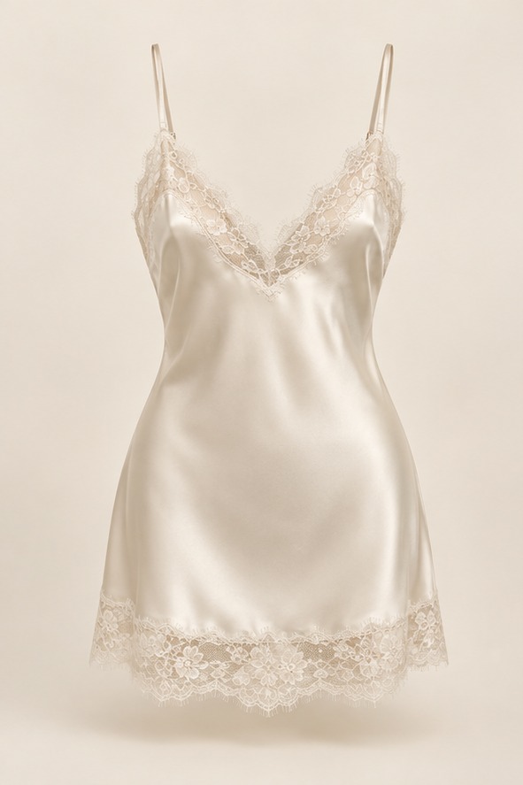 Pearl Lace Silk Slip, Pearl Ivory, front view